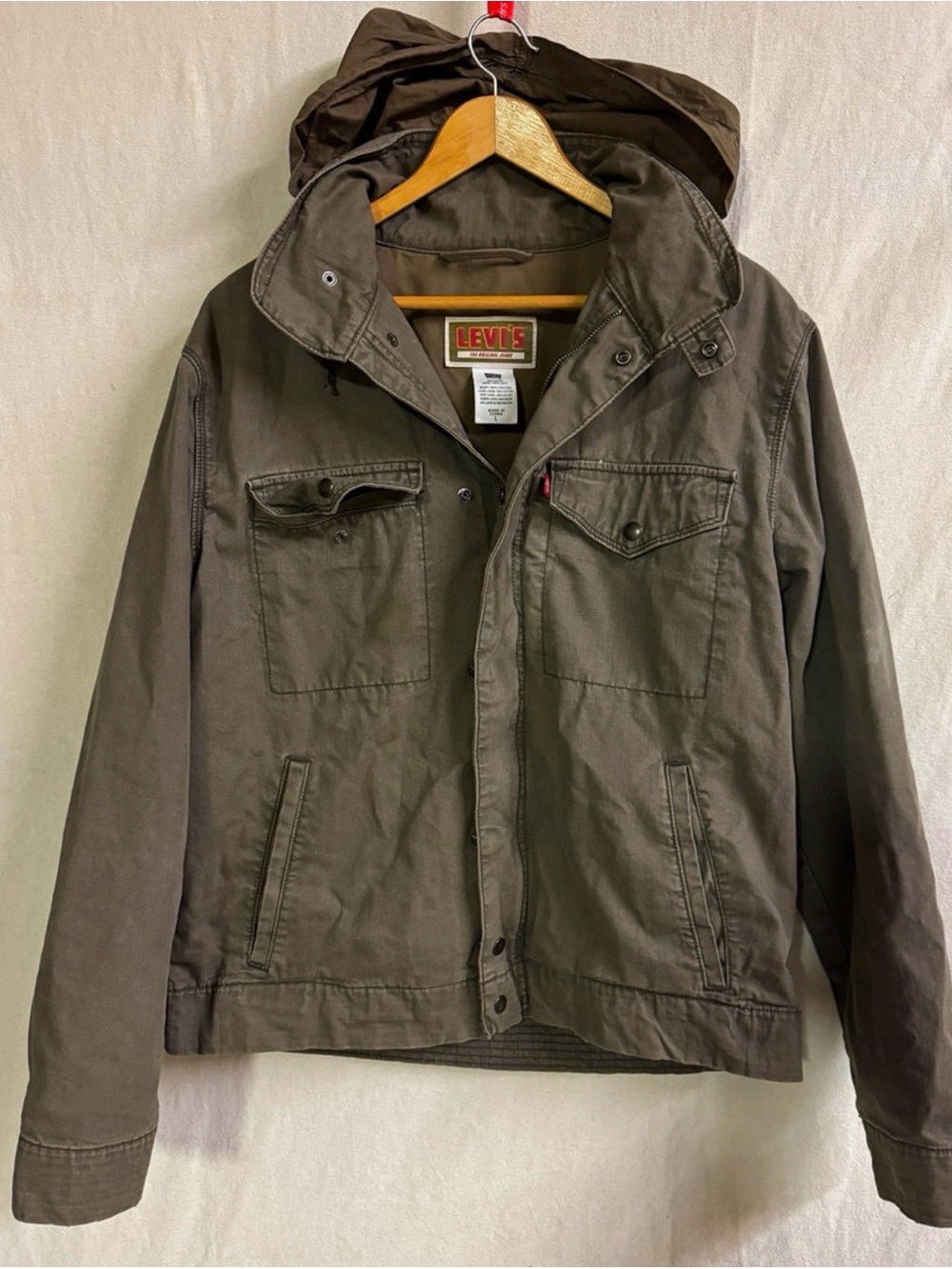 Levi’s Men’s Large Olive Green Hooded Military Field Jacket Cotton Utility
